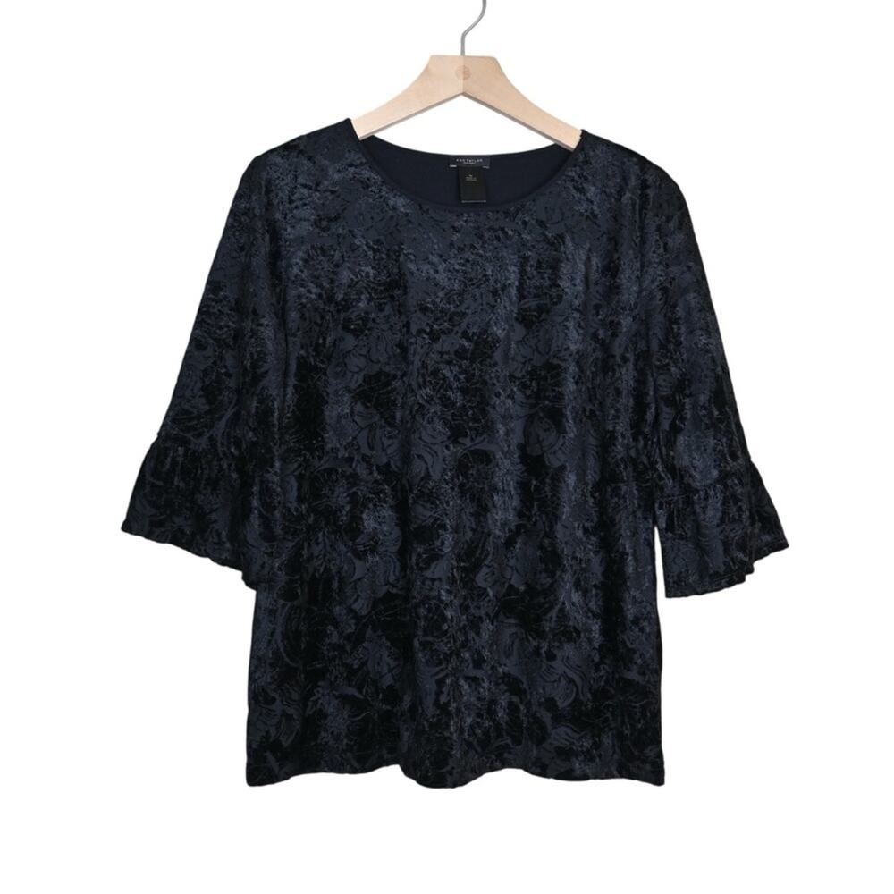 Ann Taylor Factory Women's M Black Burnout Velvet 3/4 Bell Sleeve Lined Top